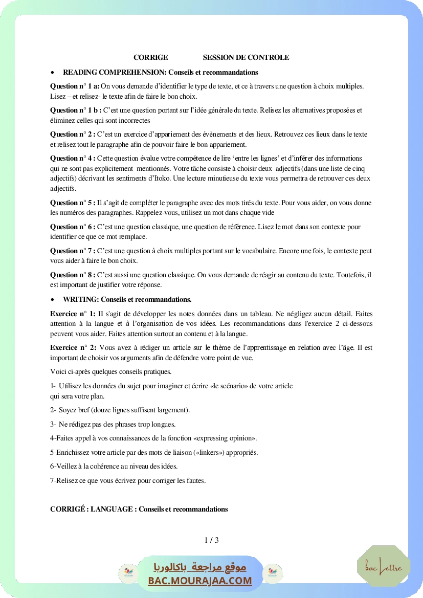 Corrigé controle anglais Bac 2012 – Section lettre